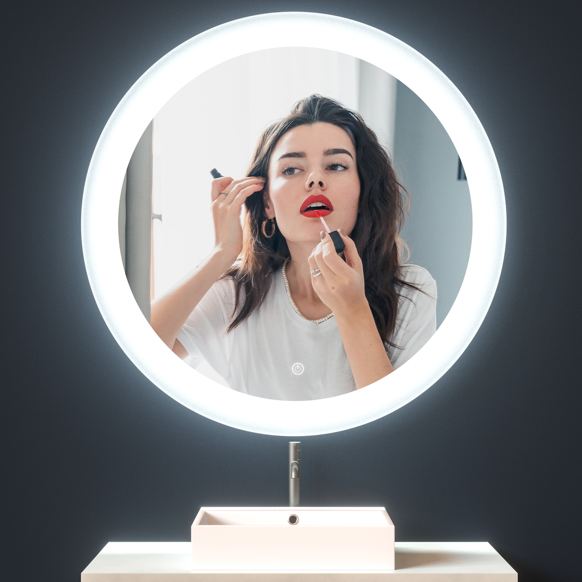 EMKE Hollywood Mirror 360° Rotation Dressing Table Mirror with Lights 3  Color Lighting Dimmable LED Cosmetic Vanity Mirror White ф40cm